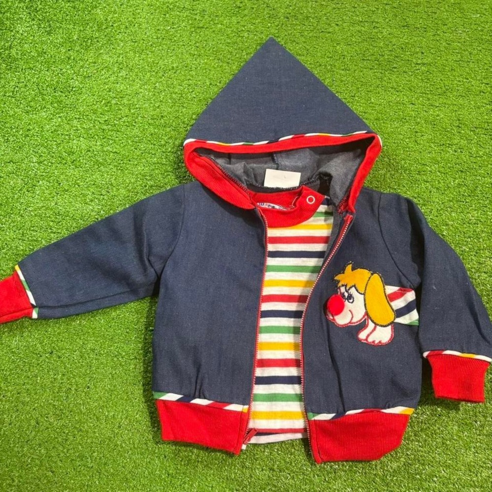 Vintage 70s Doe Spun Toddler 18m Retro Groovy Denim‎ Zip Up Jacket Union Made